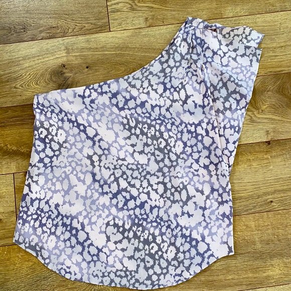 Rebecca Taylor One Shoulder Top Mauve Gray Leopard Print Crepe Blouse - Picture 7 of 12